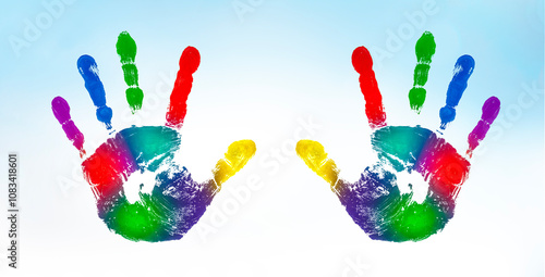 Bunte Handabdrücke vor weissem Hintergrund