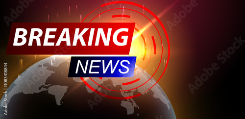 Breaking news background template. Red futuristic broadcast with glowing planet. Business vector