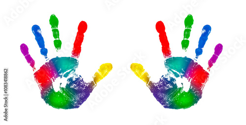 Bunte Handabdrücke vor weissem Hintergrund