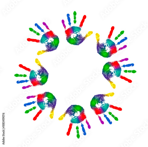 Bunte Handabdrücke vor weissem Hintergrund
