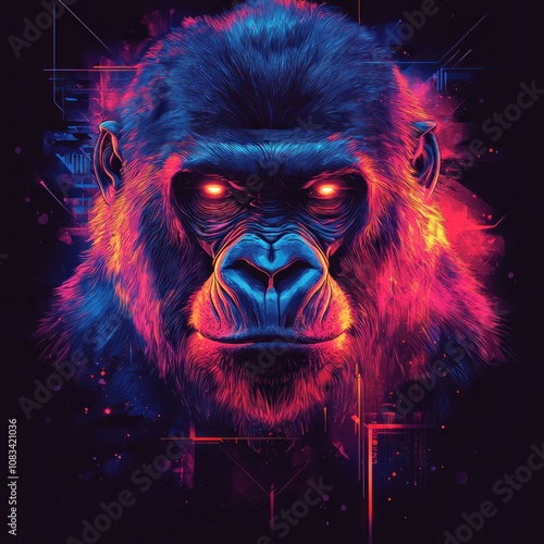 Close-up portrait of a gorilla with glowing eyes in a neon light design. photo