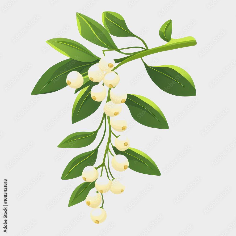 Obraz premium Detailed Illustration of a Green Branch with White Berries and Leaves on a Light Background for Nature and Botanical Themes