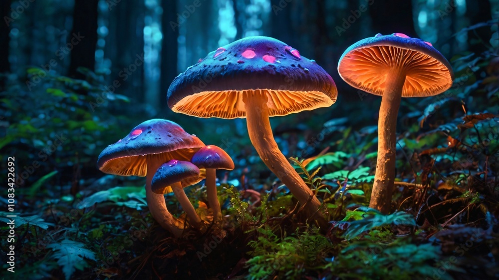 Fototapeta premium Enchanted Forest with Glowing Bioluminescent Mushrooms in a Dreamlike, Misty Wonderland V4