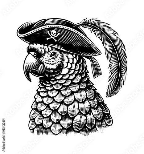 parrot pirate hat engraving black and white outline