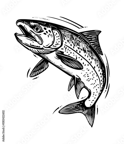 rainbow trout fish engraving black and white outline