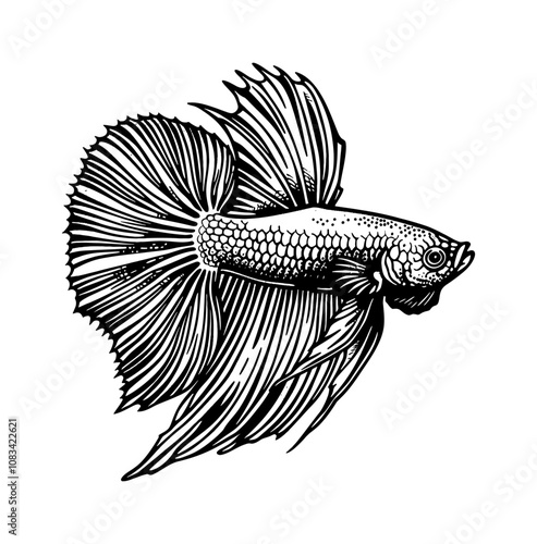 betta fish engraving black and white outline