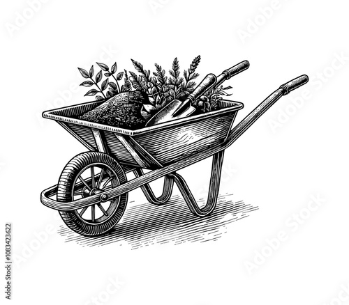wheelbarrow engraving black and white outline