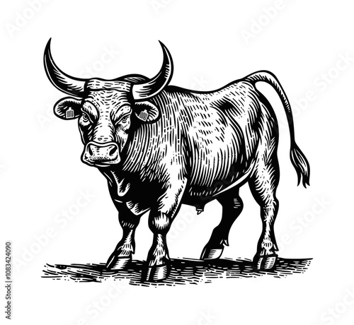 Spanish Fighting Bull engraving black and white outline