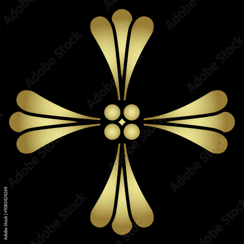 Stylized cross shape. Abstract geometrical square decorative element. Medieval folk style. Rectangular flower. Golden glossy silhouette on black background.