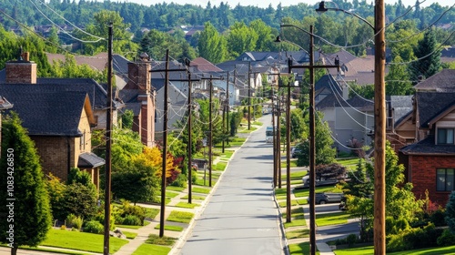 Aerial View of Suburban Neighborhood with Power Poles