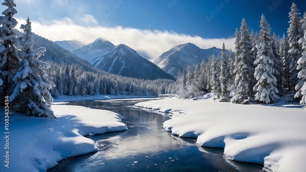 Obraz premium SnowyMountainValleyBackgrounds, WinterLandscapeVisuals, SnowCoveredNatureScenes, FrozenValleyDesigns 