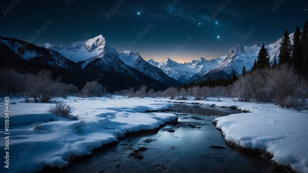 Obraz premium SnowyMountainValleyBackgrounds, WinterLandscapeVisuals, SnowCoveredNatureScenes, FrozenValleyDesigns 