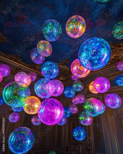 Colorful, iridescent spheres suspended in an ornate, gold-trimmed interior photo