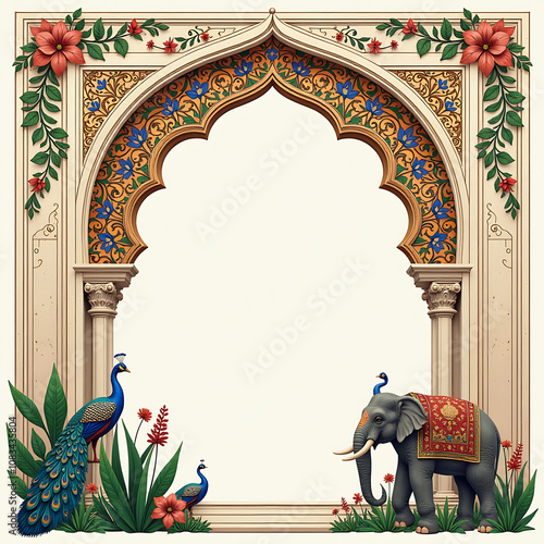 Mughal decorative garden arch peacock pattern frame with elephant and plants illustration for invitation