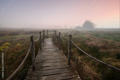 A wooden walkway or pier leads through a nature reserve in thick fog. Landscape shot in the middle of nature in autumn. Baldenau castle ruins, Morbach, Hunsrück, Rhineland Palatinate photo