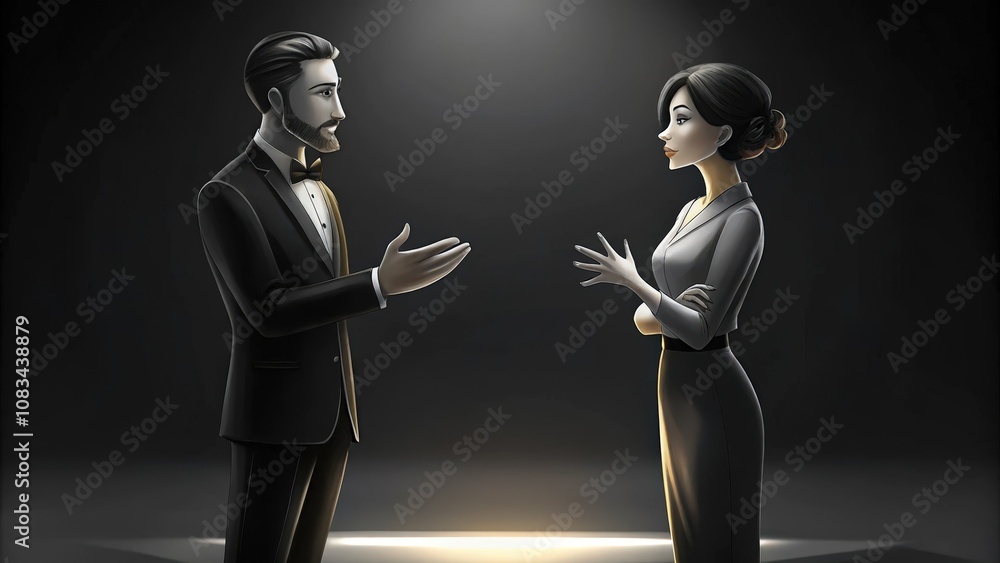 Fototapeta premium A Man in a Suit Talking to a Woman in a Dress