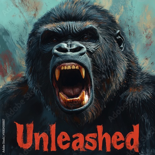 A close-up portrait of a roaring gorilla against a blurred background with the word 