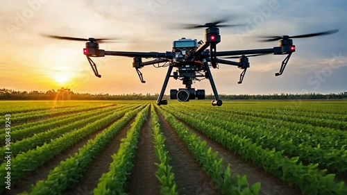 Precision farming machinery in use, with drones monitoring crop health across a vast rural landscape. photo