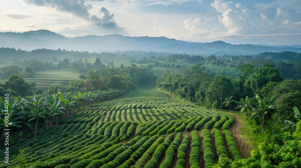Fototapeta premium Serene Green Hills: A breathtaking aerial perspective captures the tranquility of rolling green hills, lush vegetation, and a clear sky. The image exudes a sense of peace, natural beauty.