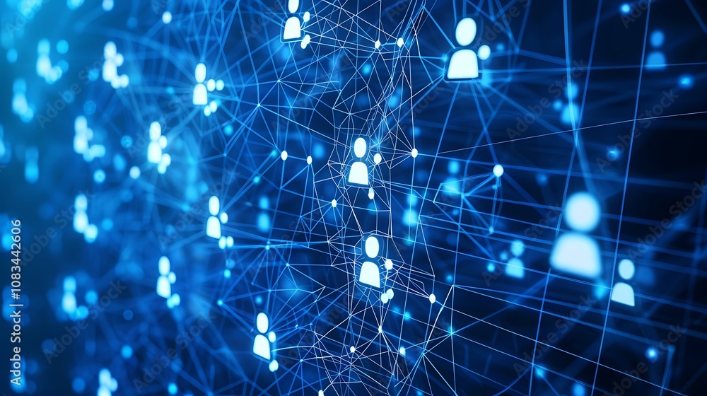 Fototapeta premium A digital network visualization featuring interconnected user icons and lines representing social connections.
