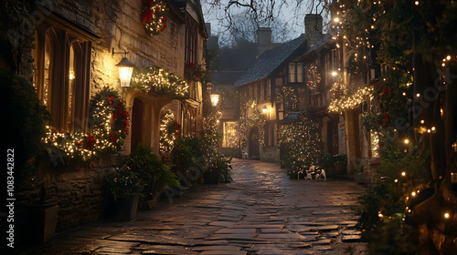 Cozy Christmas Street Scene with Twinkling Lights and Festive Decorations in a Picturesque Village