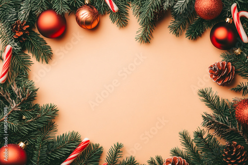 Christmas background with candy canes, fir branches, and red ornaments on the edges of a solid color background