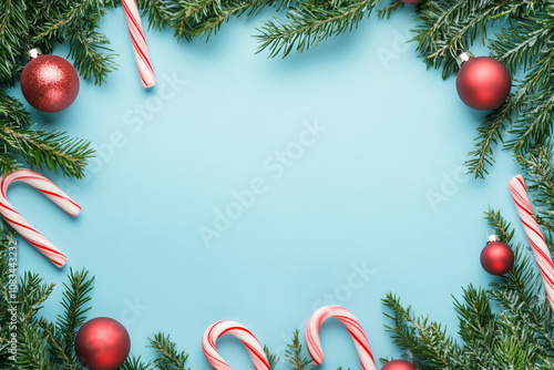 Christmas background with candy canes, fir branches, and red ornaments on the edges of a solid color background