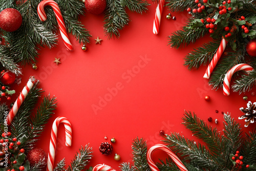 Christmas background with candy canes, fir branches, and red ornaments on the edges of a solid color background