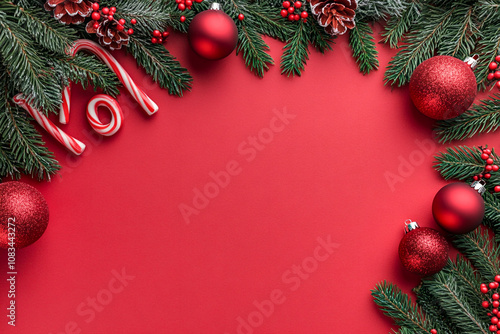 Christmas background with candy canes, fir branches, and red ornaments on the edges of a solid color background