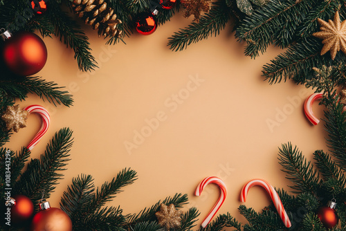 Christmas background with candy canes, fir branches, and red ornaments on the edges of a solid color background