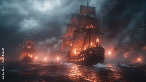 Wallpaper Mural Three Tall Ships Sailing Through a Stormy Sea at Night Torontodigital.ca