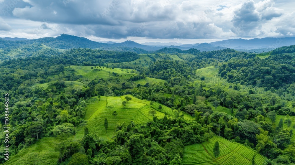 Obraz premium Serene Green Valley: Aerial view of lush green valley, rolling hills, and dense forest under a dramatic sky. Perfect for travel, nature, and environmental themes. 