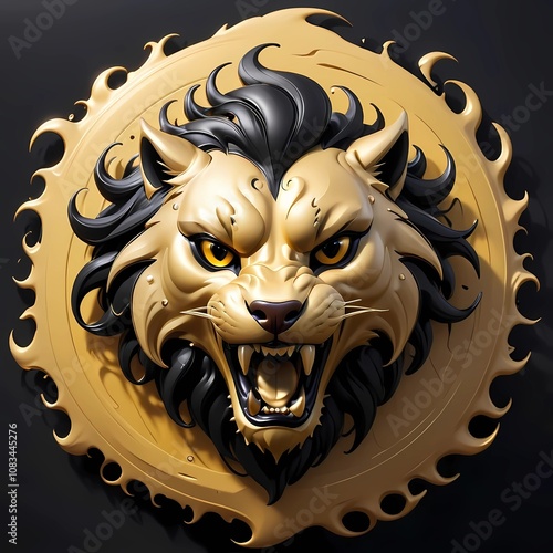 3d illustration of black and golden sabertooth head logo on black background. symbolizing power and authority photo