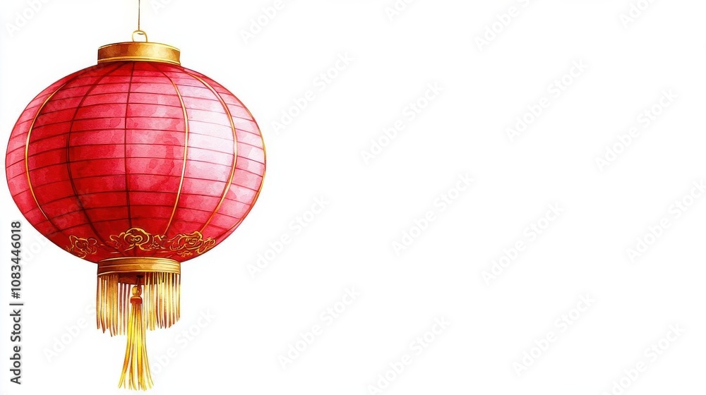 Fototapeta premium Chinese New Year Lantern Watercolor Illustration. Closeup of a single red lantern in watercolor, decorated with golden tassels, symbolizing Chinese New Year luck