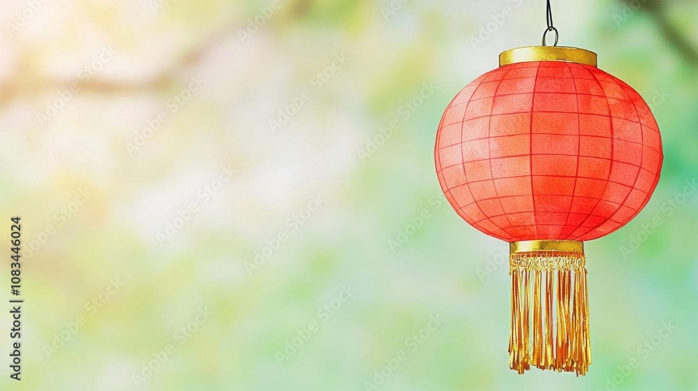 Obraz premium Chinese New Year Lantern Watercolor Illustration. Closeup of a single red lantern in watercolor, decorated with golden tassels, symbolizing Chinese New Year luck