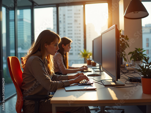 women who works in her very nice creative office. Doing work coding or programming and online meeting in business environments. very good for posters,  or ads