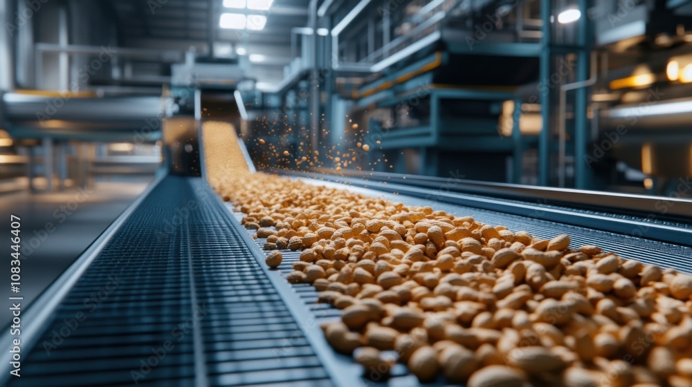 Fototapeta premium Shelled peanuts traveling along a conveyor belt in a modern processing plant, representing efficiency and production