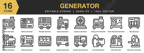 Generator icon set. Editable Stroke Icon Collection. Includes backup, battery, biofuel, energy core, fuel cell, heat generator, and More. Outline icons vector collection.
