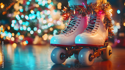 Colorful Roller Skates Decorated with Tinsel and Lights in Front of a Beautifully Lit Christmas Tree for a Festive Winter Celebration