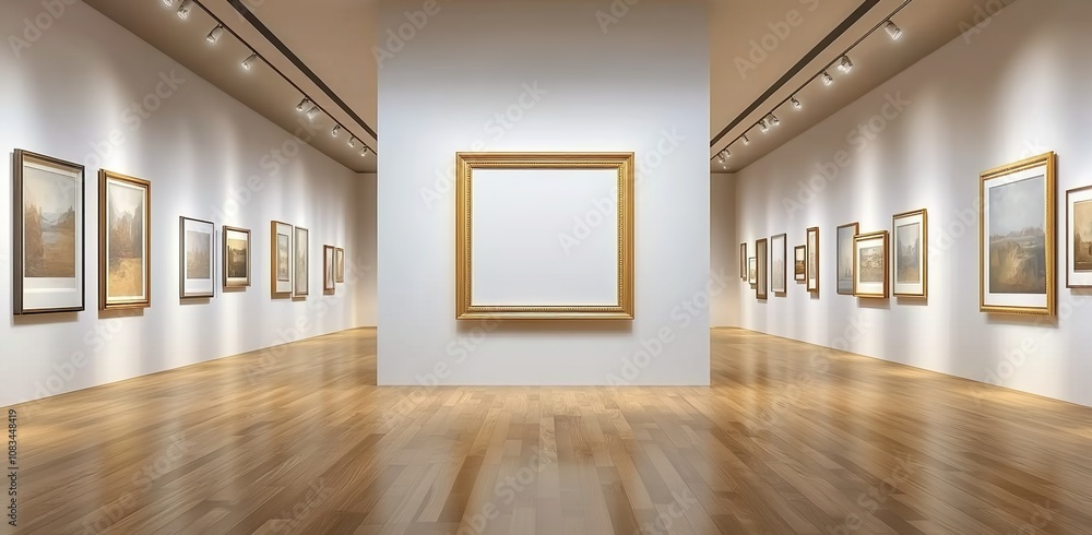 Fototapeta premium A large white wall with an empty gold frame in the center of it