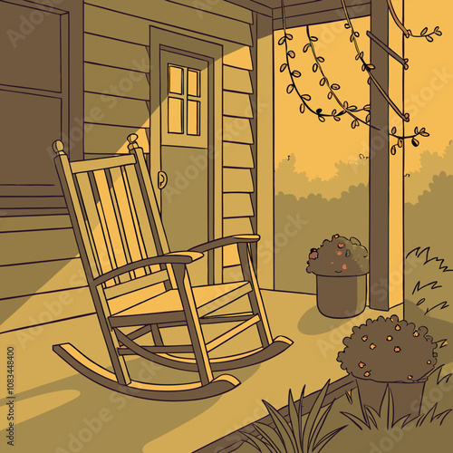 Rustic Wooden Rocking Chair on a Cozy Front Porch
