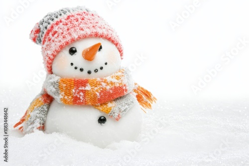 For Christmas,A lovely snowman wearing a scarf and hat, smiling on a snow-covered ground, the snowman stands on  a pure white background, leaving enough area on the other side for the text design.