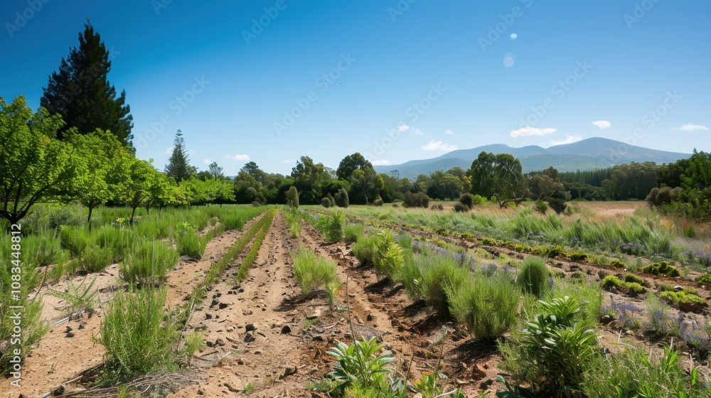 Fototapeta premium Serene Lavender Field Under Blue Sky 