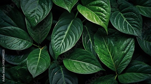 Lush green foliage, vibrant dark leaves, natural texture background.