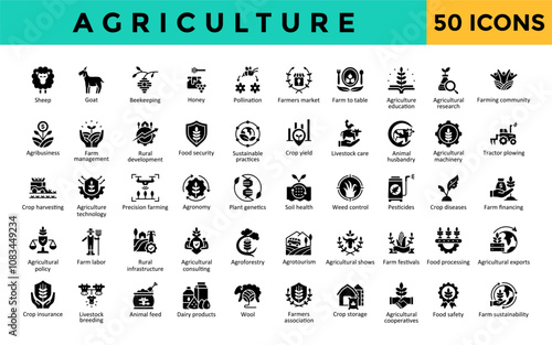 Agriculture icons set with sheep, goat, beekeeping, honey, pollination, farmers market, farm to table, agriculture education, agricultural research, farming community icon. Simple glyph vector 
