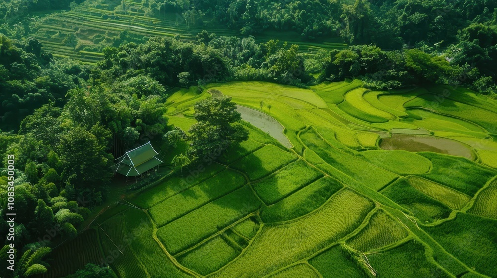 Fototapeta premium Serene Rice Terraces: An aerial view captures the breathtaking beauty of lush green rice terraces, sculpted into the hillside, with a traditional house nestled amongst the vibrant landscape. 
