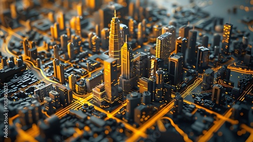 Stylized 3D rendering of a futuristic city, showcasing a dense network of illuminated streets and towering skyscrapers.