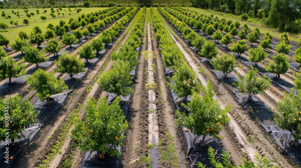 Naklejka premium Citrus Orchard Rows: A panoramic view of a thriving citrus orchard, rows of young trees line up in perfect symmetry, showcasing the dedication to cultivation and the promise of a bountiful harvest. 