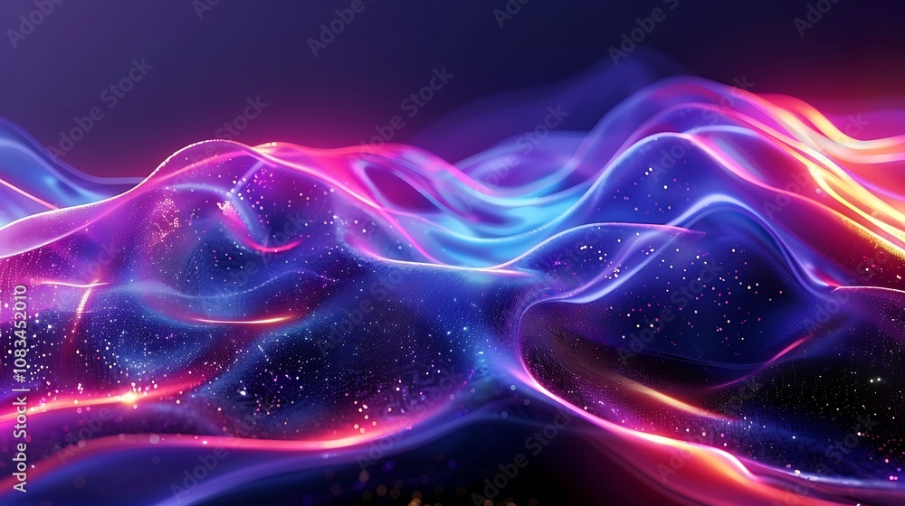 Fototapeta premium A vibrant, abstract representation of flowing waves with neon colors and sparkling elements.