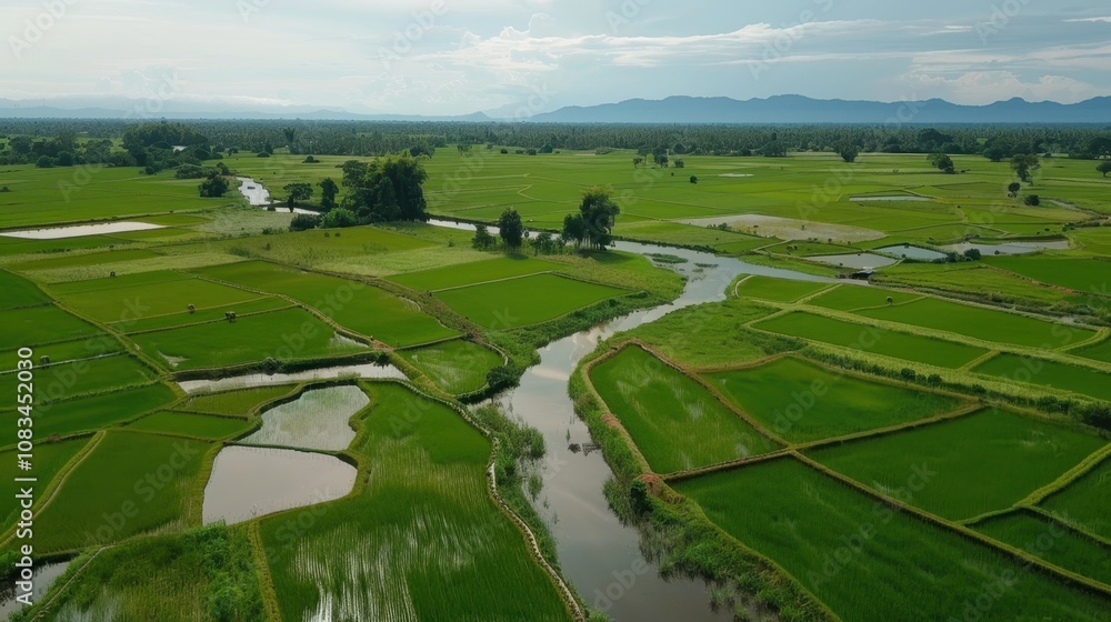 Obraz premium Serene River Valley: An aerial view of a lush, verdant landscape in Southeast Asia, featuring a winding river flowing through rice paddies and a tranquil countryside.